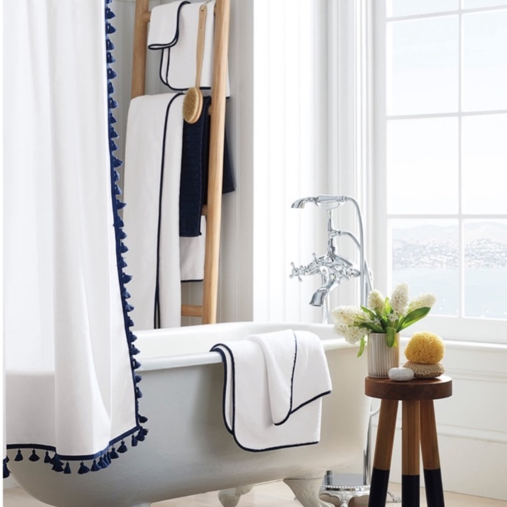 Serena & Lily White Shower Curtain with Navy Tassel Trim